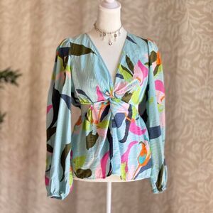 A New Day Indie Boho Multicolor Abstract Cutout Long Sleeve Blouse Festival Sz S